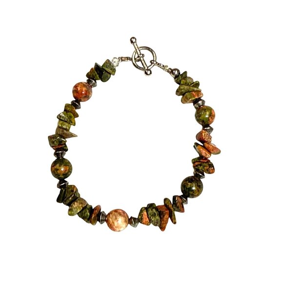 Unakite Gemstone Bracelet Chip & Round Beads w/ Copper Accents 8" Toggle - Picture 1 of 8